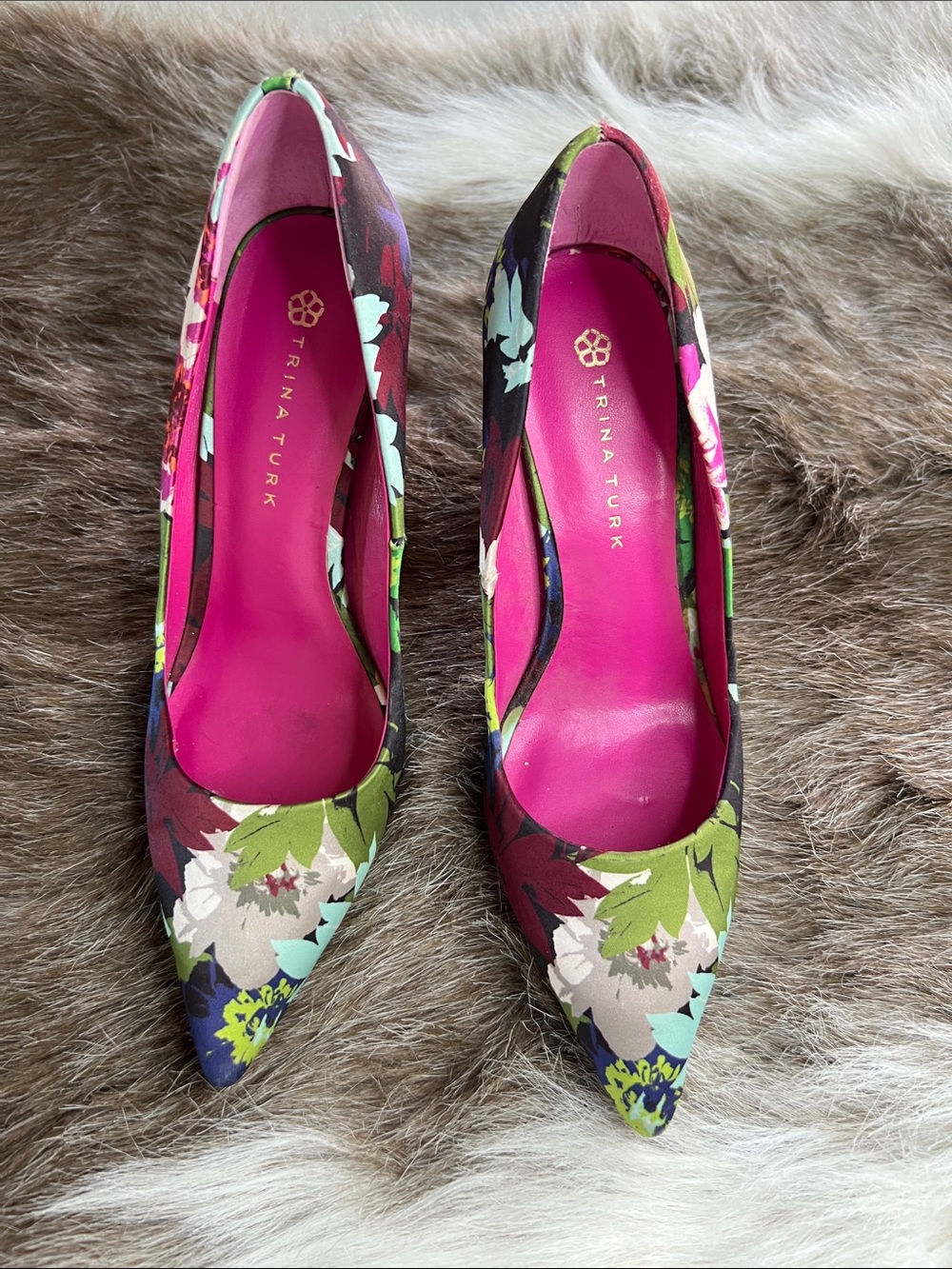 Trina Turk Floral Pointed Pumps in Fuchsia and Green 8M